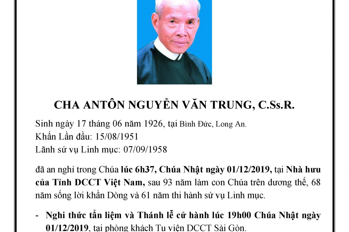 Cáo phó và Tiểu sử Cha Antôn Nguyễn Văn Trung, C.Ss.R