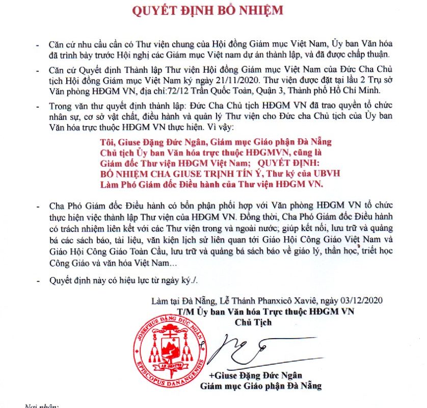 Ủy ban Văn Hóa: Quyết định bổ nhiệm Phó Giám đốc điều hành Thư viện HĐGM VN